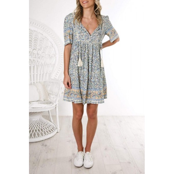 Attractive Tassel V-Neck Short Sleeve Printed Mini Dress