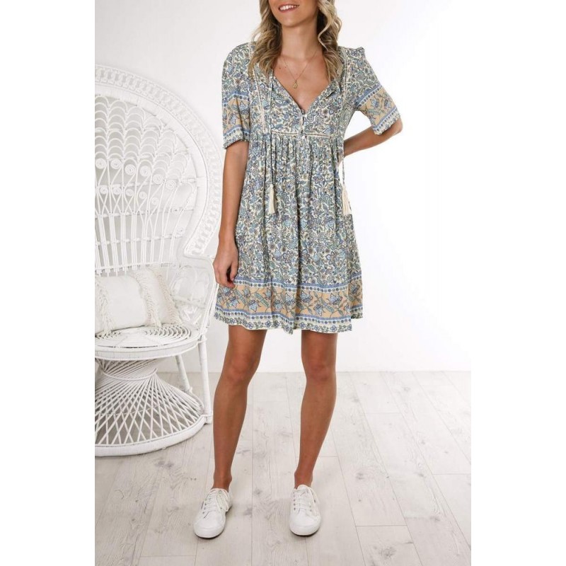 Attractive Tassel V-Neck Short Sleeve Printed Mini Dress