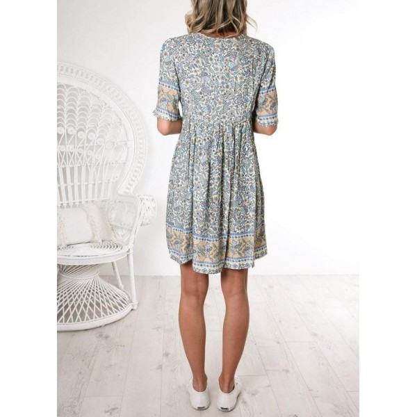 Attractive Tassel V-Neck Short Sleeve Printed Mini Dress