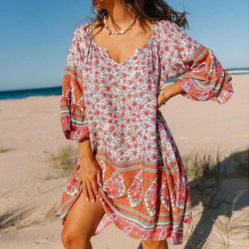 Attractive V-Neck Bell Sleeve Floral Mini Dress