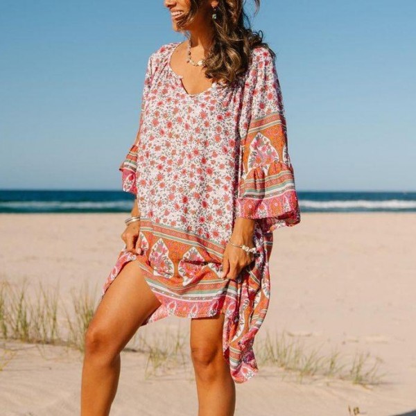 Attractive V-Neck Bell Sleeve Floral Mini Dress