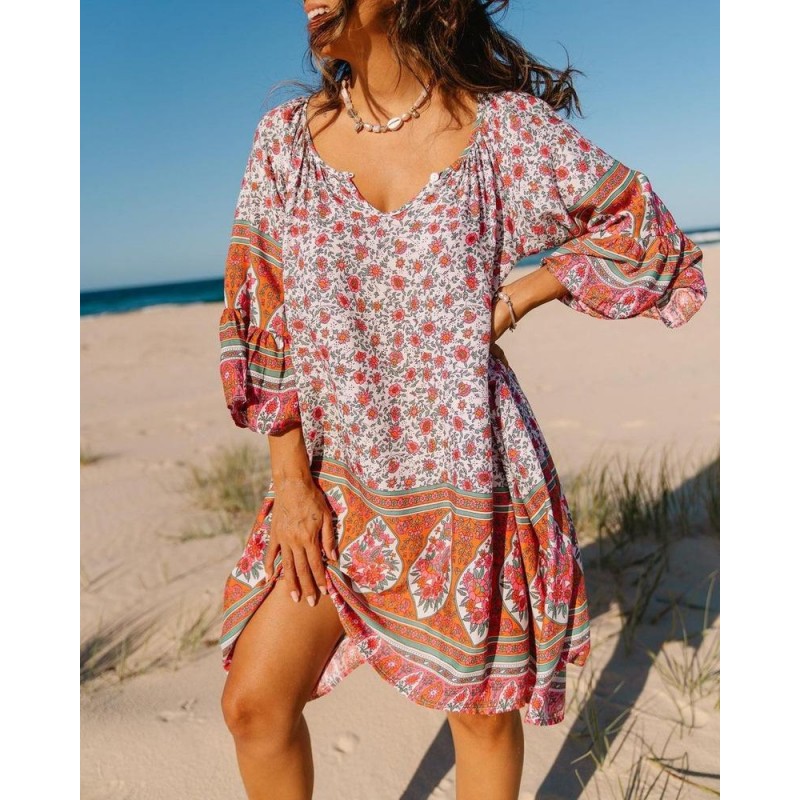 Attractive V-Neck Bell Sleeve Floral Mini Dress