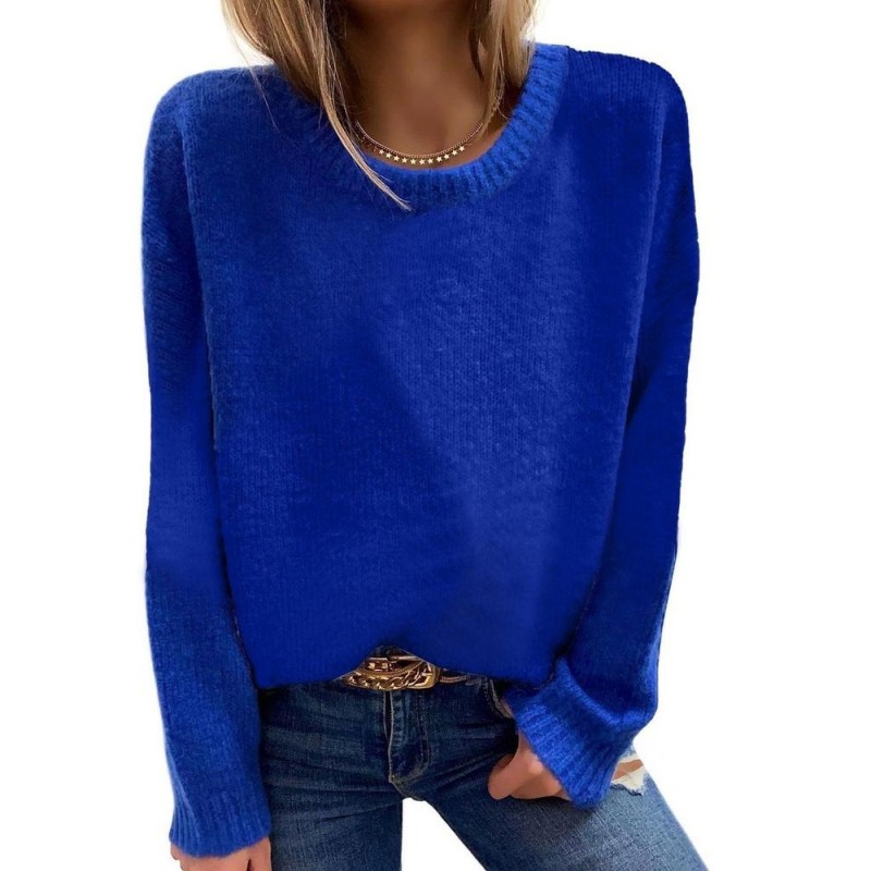 Casual Blue Plain Round Neck Long Sleeve Sweater