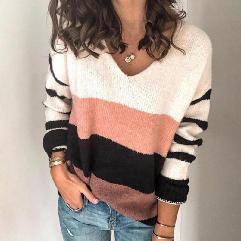 Casual Color Block V-Neck Long Sleeve Sweater