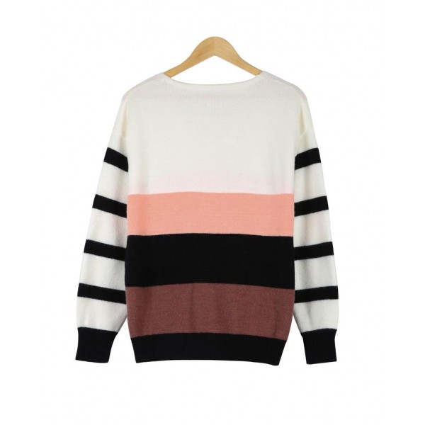 Casual Color Block V-Neck Long Sleeve Sweater