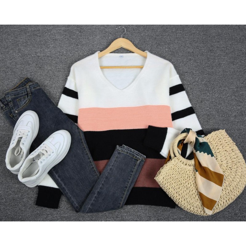 Casual Color Block V-Neck Long Sleeve Sweater