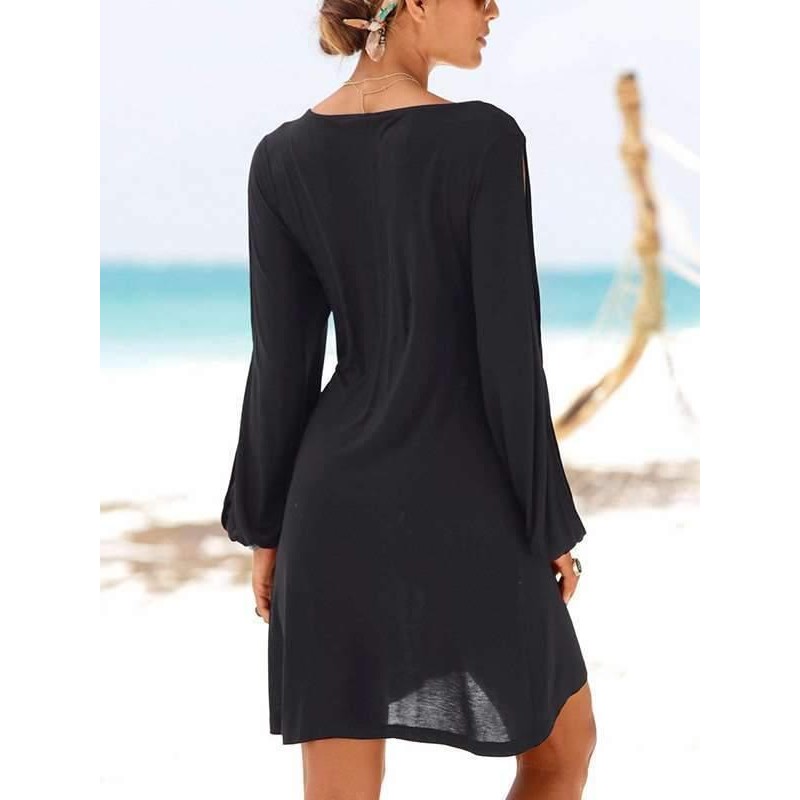 Chic Black U-Collar Side Cut Out Long Sleeve Mini Dress