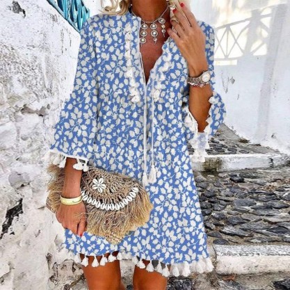 Chic Blue Printed V-Neck Loose Tassel Dress