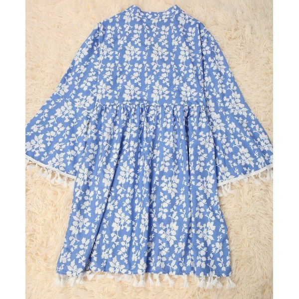 Chic Blue Printed V-Neck Loose Tassel Dress