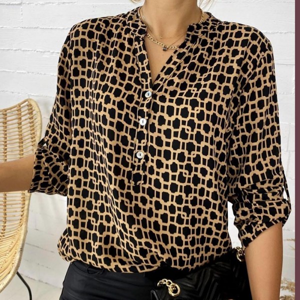 Chic Print V-Neck Roll Up Button Tab 3/4 Sleeve Shirt