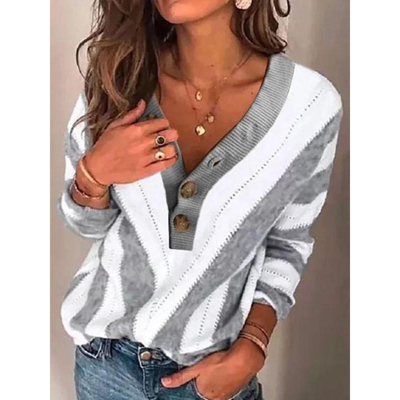 Chic V-Neck Striped Long Sleeve Sweater