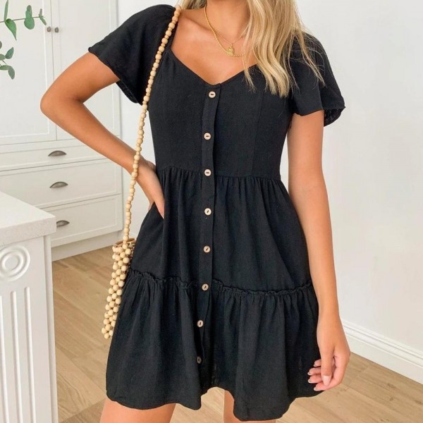 Classy Black Plain Button Front Closure V-Neck Short Sleeve Mini Dress