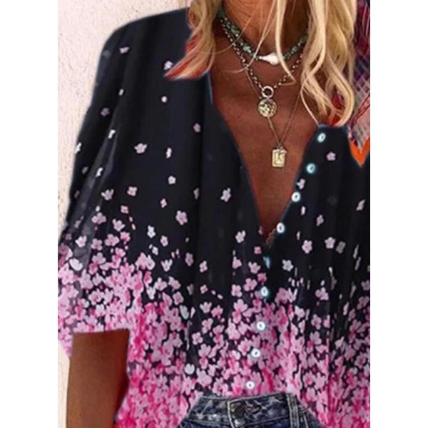 Elegant Floral Print 3/4 Sleeve Black Shirt