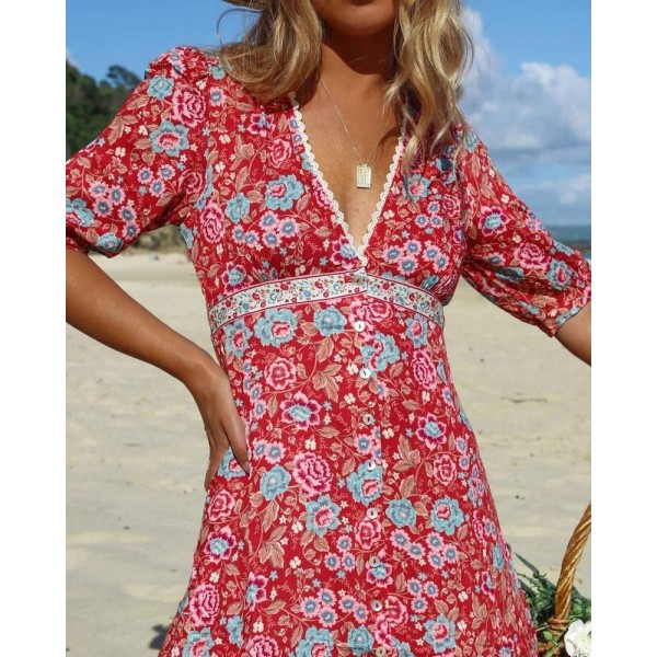 Elegant Floral Print Empire Waist Short Sleeve Midi Dress