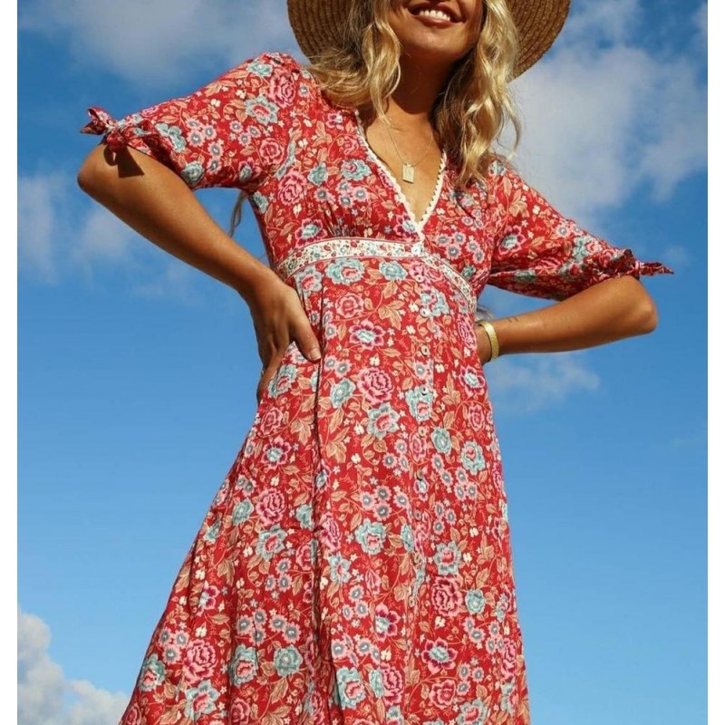 Elegant Floral Print Empire Waist Short Sleeve Midi Dress