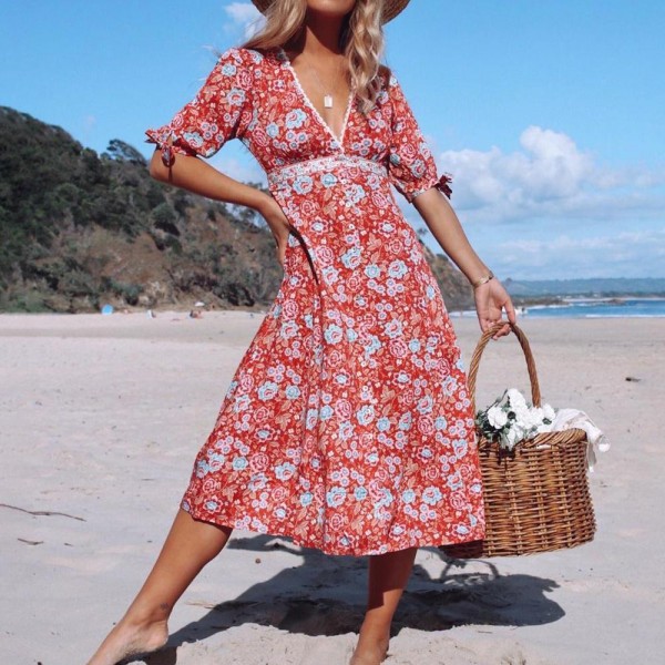 Elegant Floral Print Empire Waist Short Sleeve Midi Dress