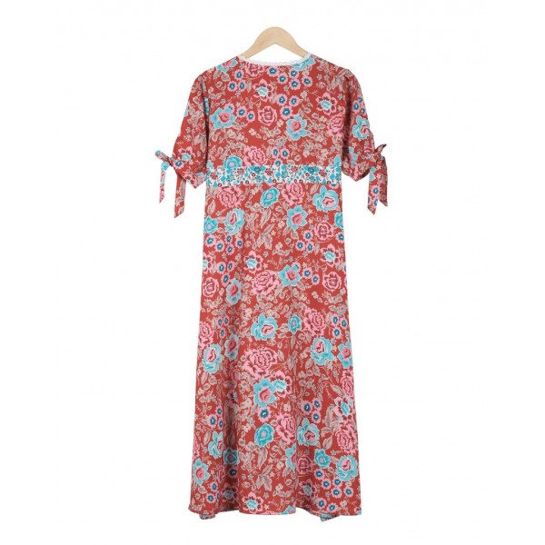 Elegant Floral Print Empire Waist Short Sleeve Midi Dress