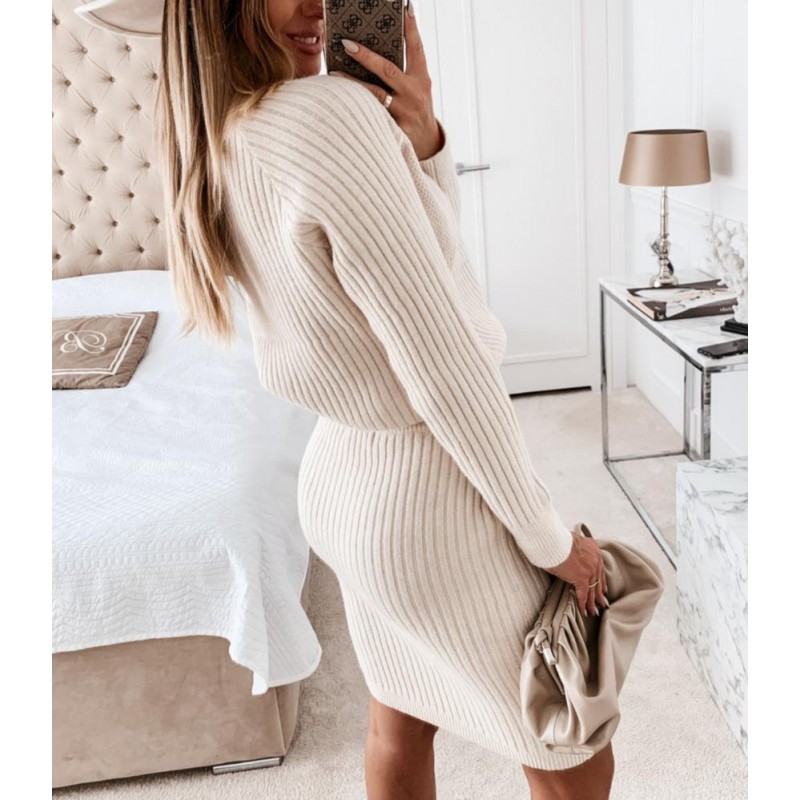 Fitted High Neck Plain Long Sleeve Sweater Dress