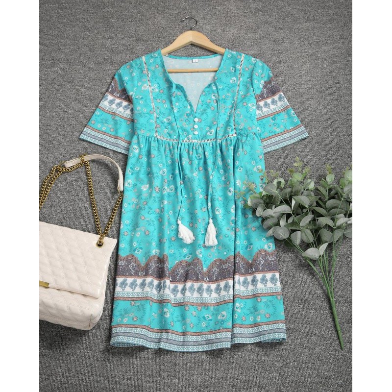 Fresh Print V-Neck Short Sleeve Mini Dress