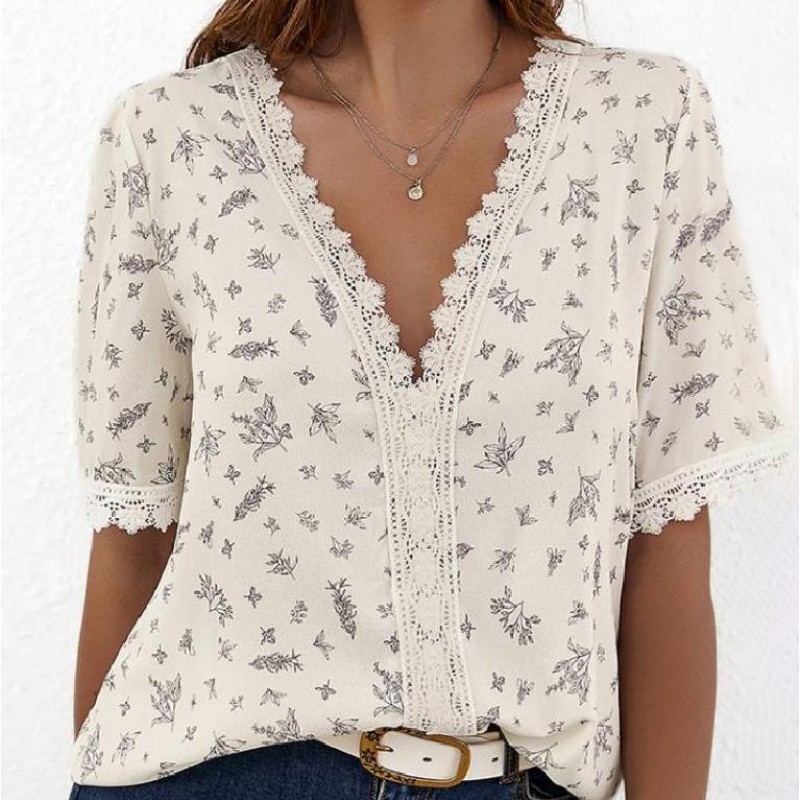 Glamorous V-Neck Short Sleeve Printed Blouse