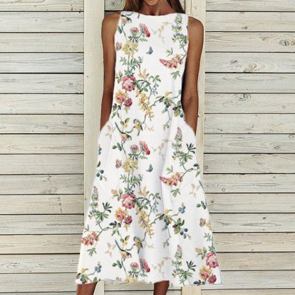 Groovy Plant Print Sleeveless Midi Dress