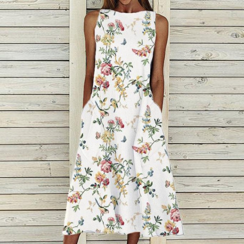 Groovy Plant Print Sleeveless Midi Dress