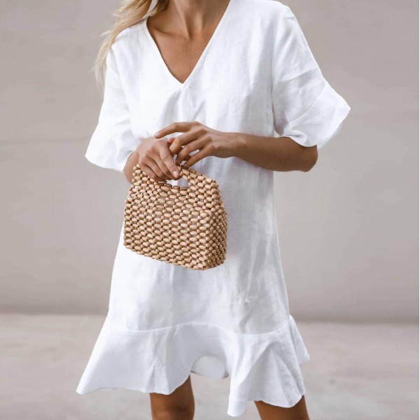 Ladylike White Plain Ruffle Cuff And Hem Short Sleeve Mini Dress