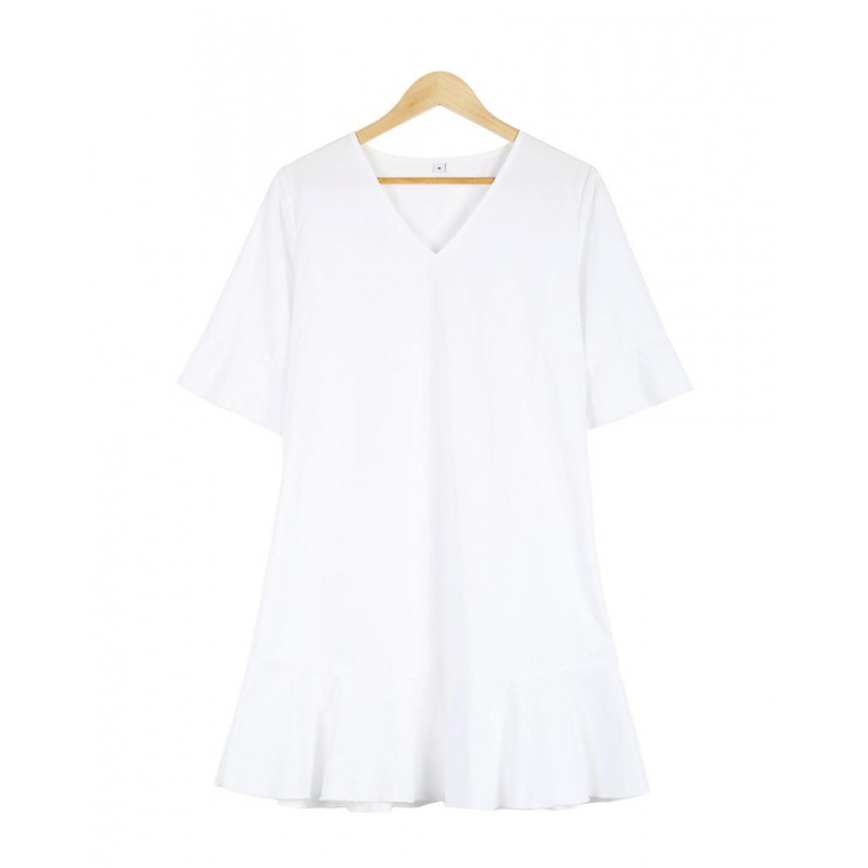 Ladylike White Plain Ruffle Cuff And Hem Short Sleeve Mini Dress