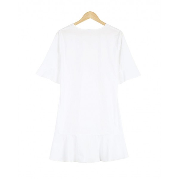 Ladylike White Plain Ruffle Cuff And Hem Short Sleeve Mini Dress