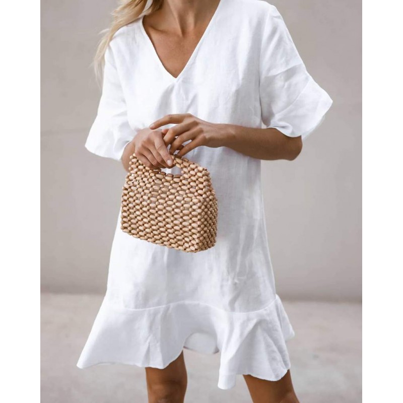 Ladylike White Plain Ruffle Cuff And Hem Short Sleeve Mini Dress