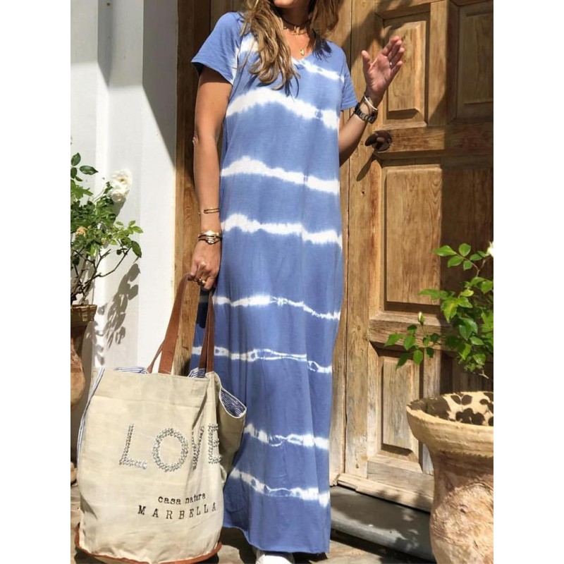 Modest Blue V-Neck Short Sleeve Printed Maxi Dress