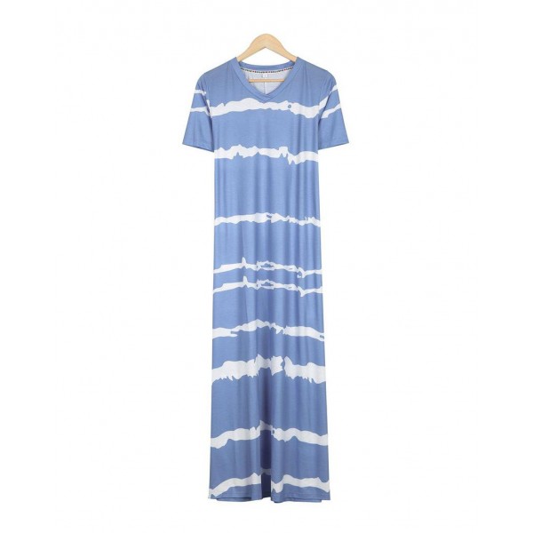 Modest Blue V-Neck Short Sleeve Printed Maxi Dress