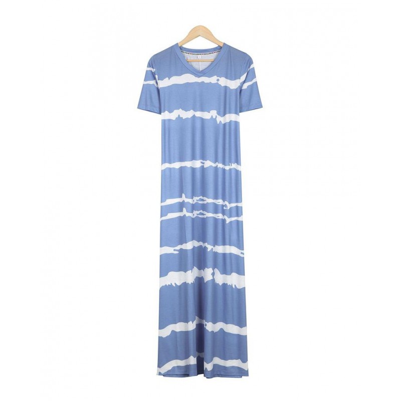 Modest Blue V-Neck Short Sleeve Printed Maxi Dress