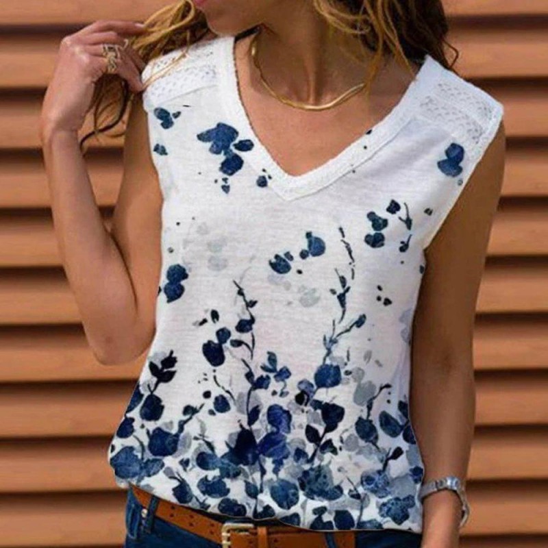 Modest V-Neck Sleeveless Printed Top