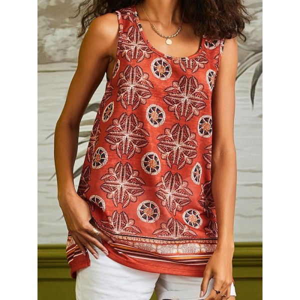 Retro Print Round Neck Sleeveless Top