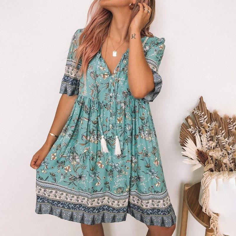 Retro Print V-Neck Short Sleeve Mini Dress