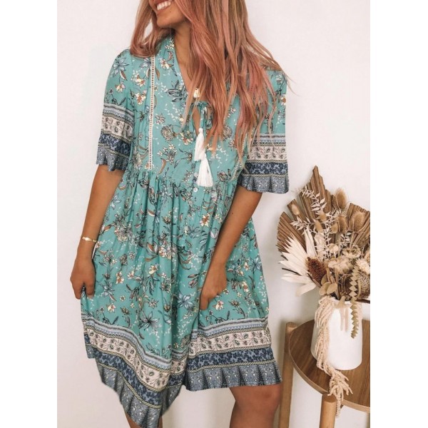 Retro Print V-Neck Short Sleeve Mini Dress