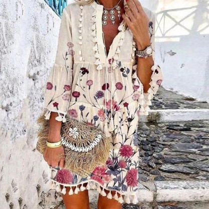 Romantic Vacation Style V-Neck Floral Pleated Dress