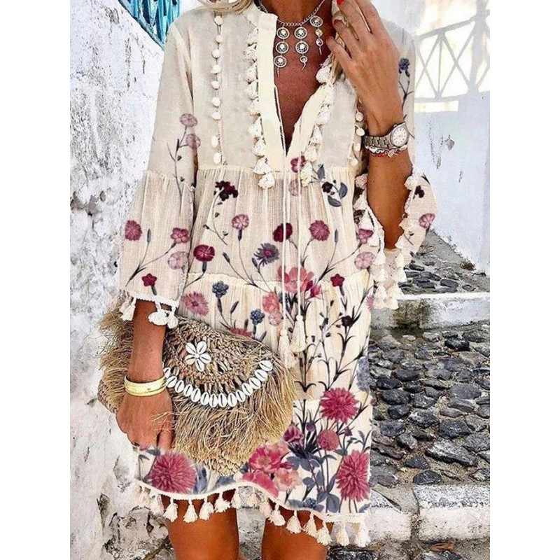 Romantic Vacation Style V-Neck Floral Pleated Dress