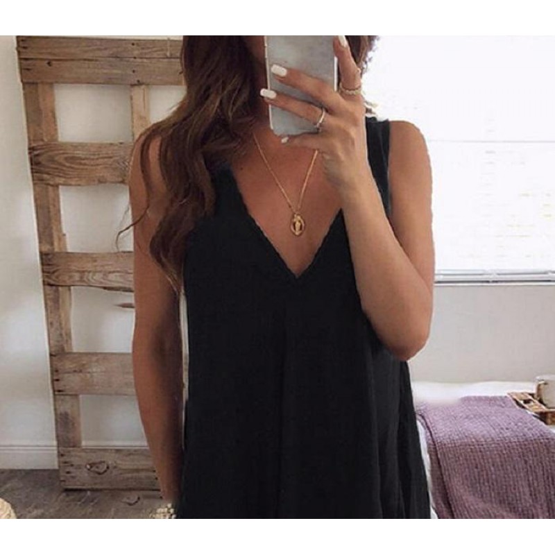 Simple Black V-Neck Sleeveless Mini Dress