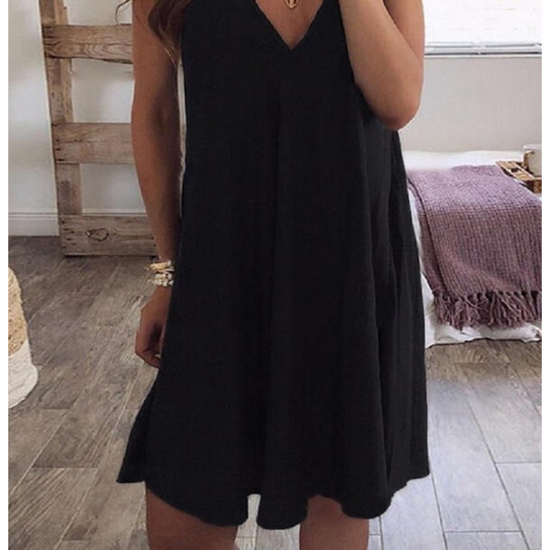 Simple Black V-Neck Sleeveless Mini Dress