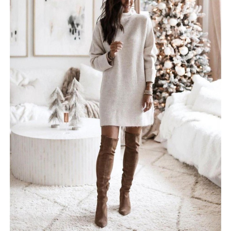 Simple Plain Long Sleeve Mini Sweater Dress