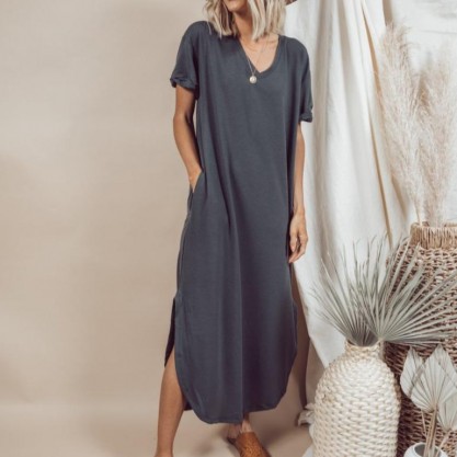 Simple Plain V-Neck Side Pocket Maxi Dress