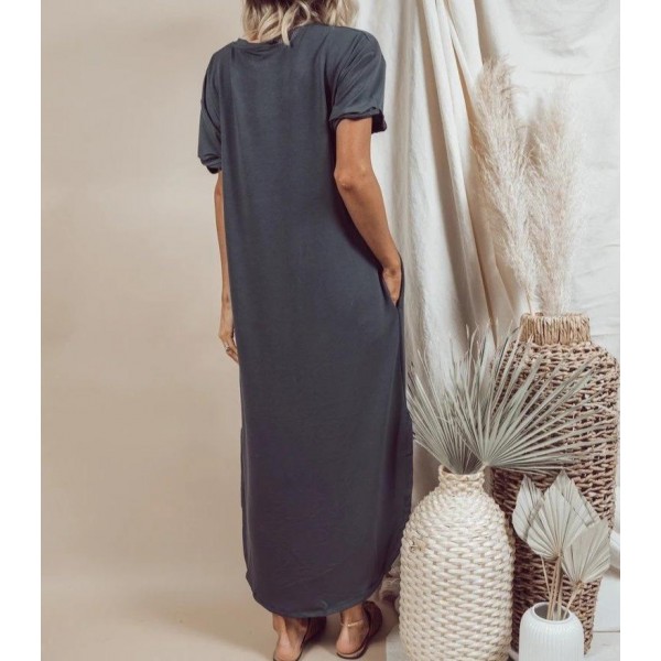 Simple Plain V-Neck Side Pocket Maxi Dress