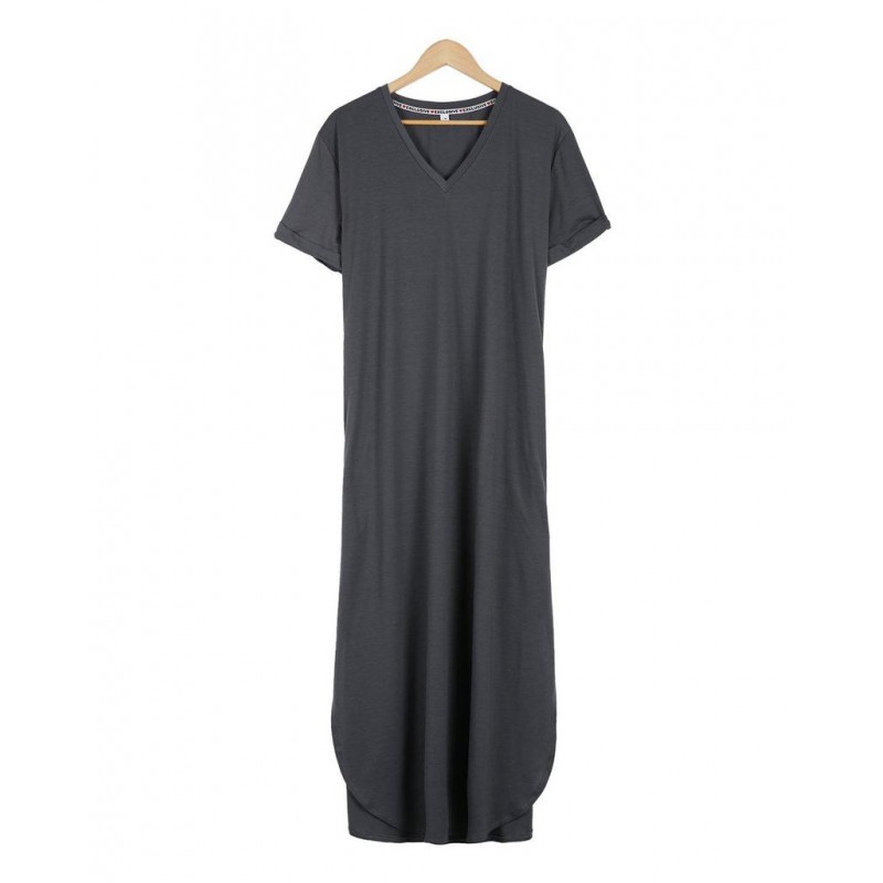 Simple Plain V-Neck Side Pocket Maxi Dress