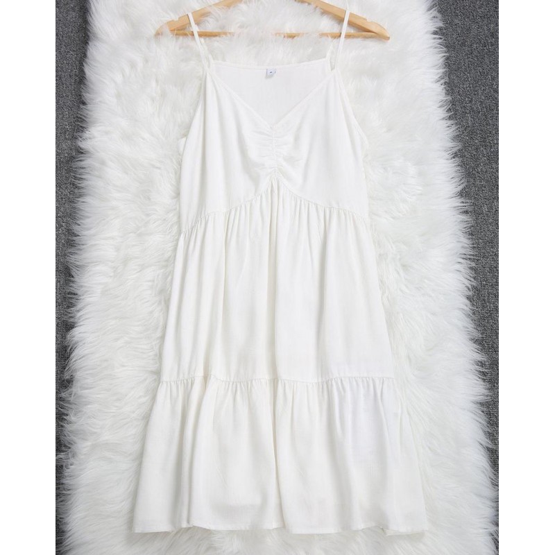 Simple Plain White Spaghetti Straps V-Neck Mini Dress