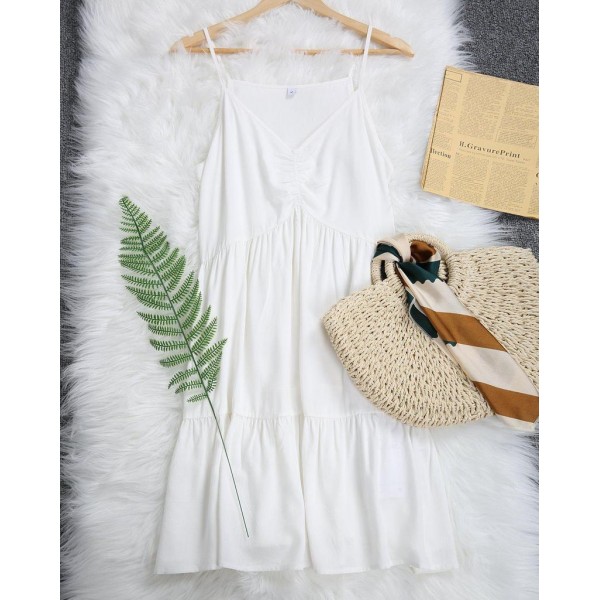 Simple Plain White Spaghetti Straps V-Neck Mini Dress