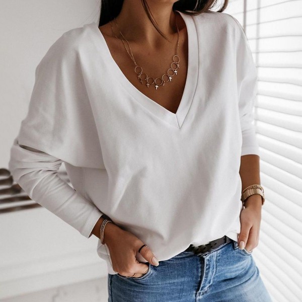 Simple Pure White V-Neck Loose Tee