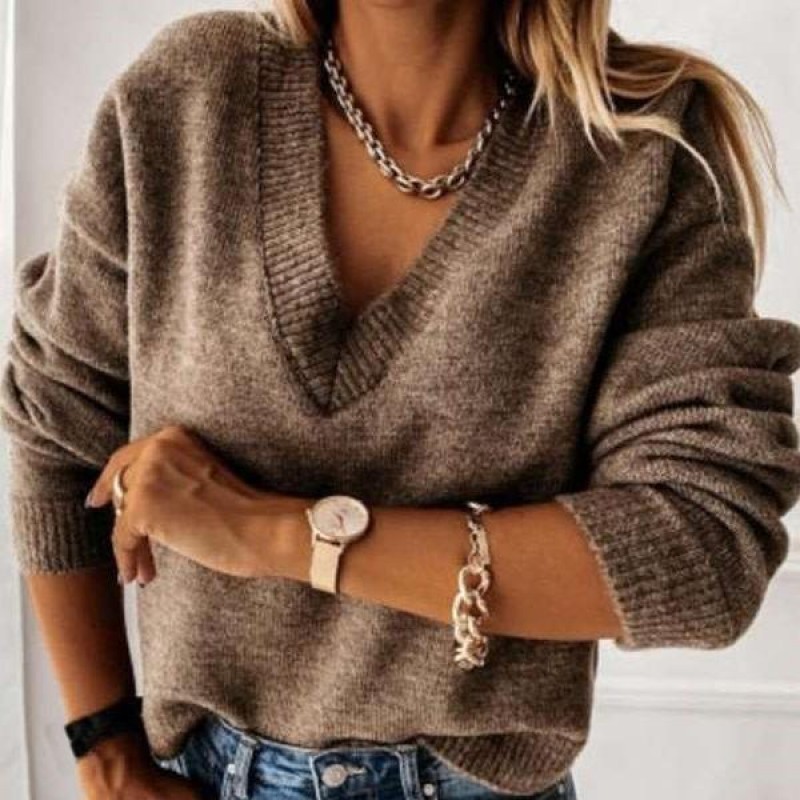 Simple V-Neck Plain Long Sleeve Sweater