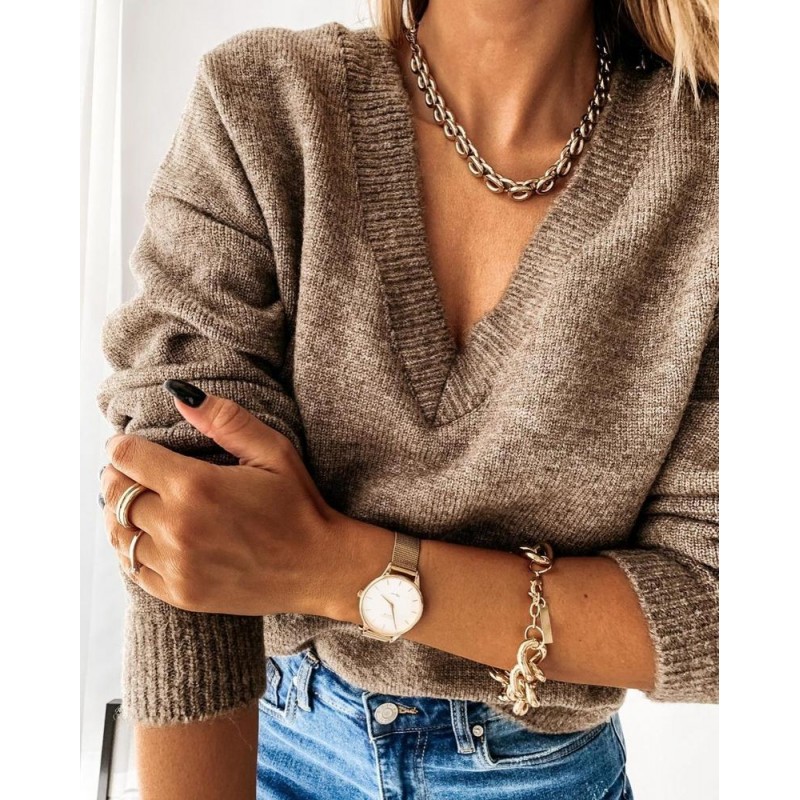 Simple V-Neck Plain Long Sleeve Sweater